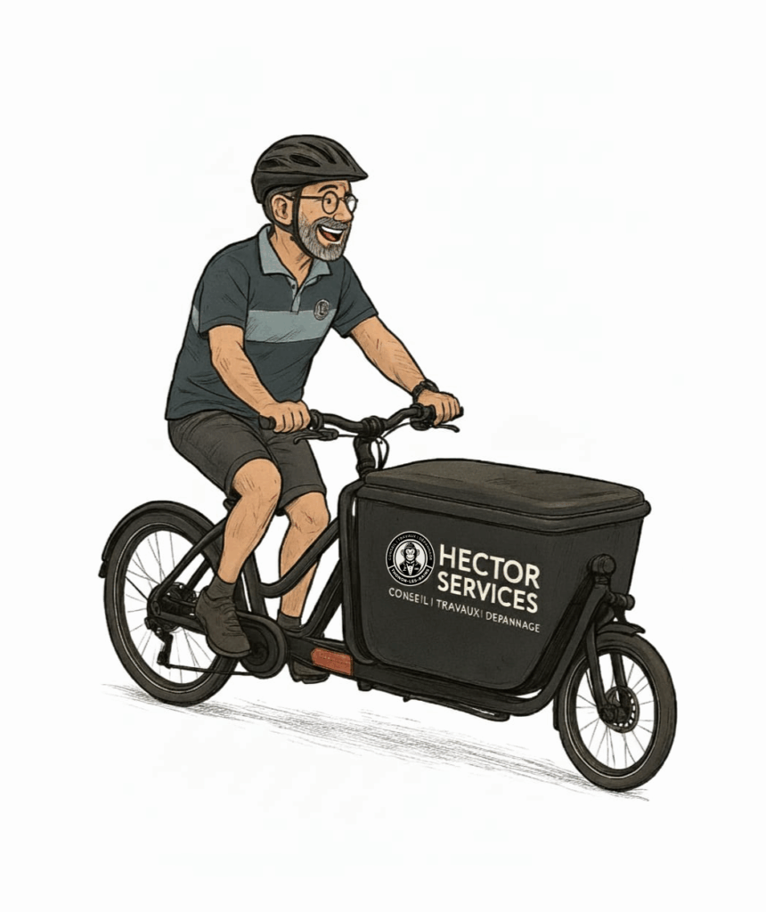 Image en cartoon de Sébastien sur son vélo cargo